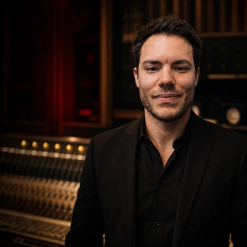 Portrait of Bastien Busi in a music studio